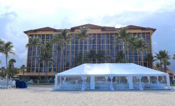the Beach with Hotel Background